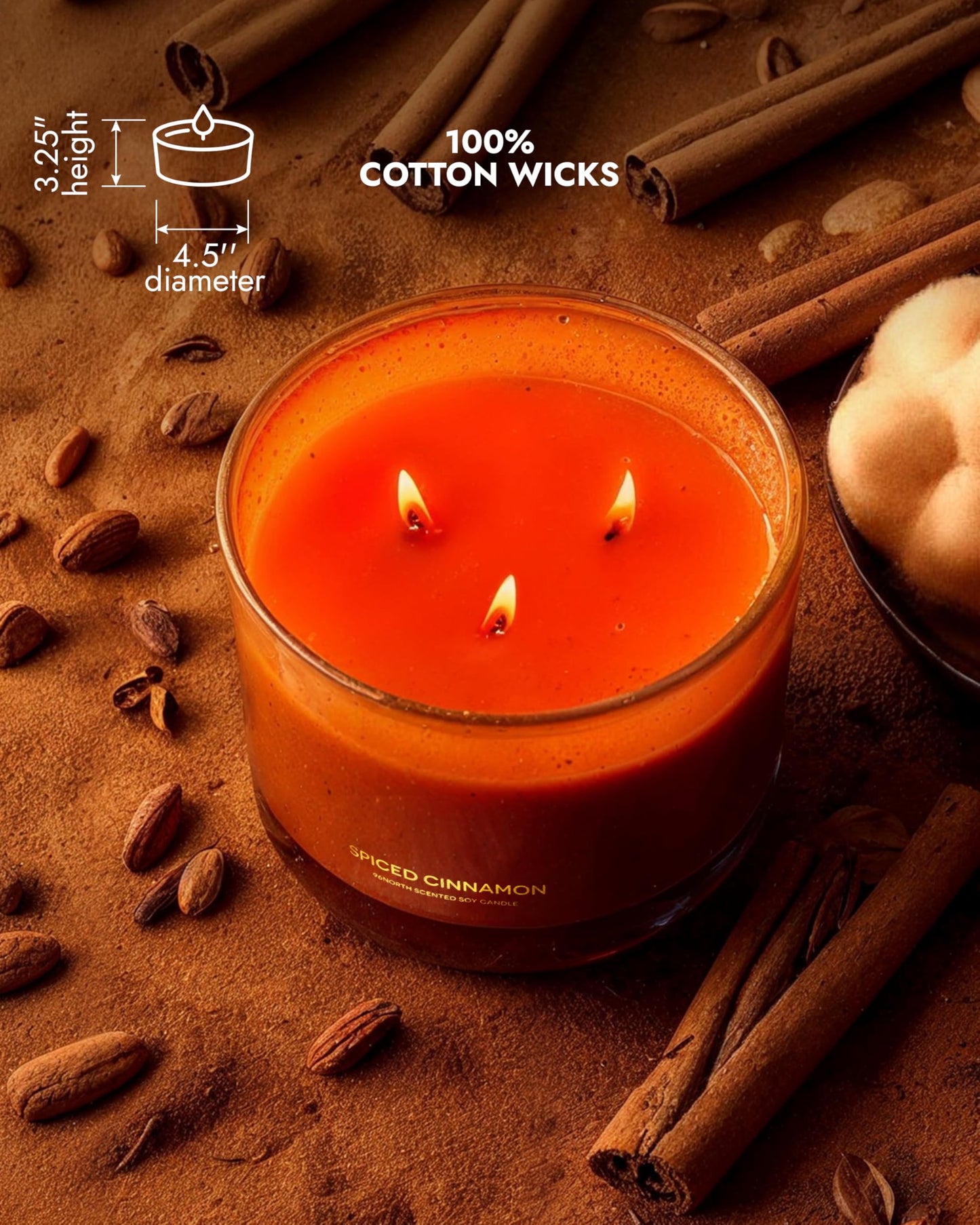 96NORTH Luxury Spiced Cinnamon Candle | Large 3 Wick Jar Candle | Up to 40 Hours Burning Time | 100% Natural Soy Wax | Relaxing Aromatherapy Aesthetic Candles | Housewarming Gift for Men and Women