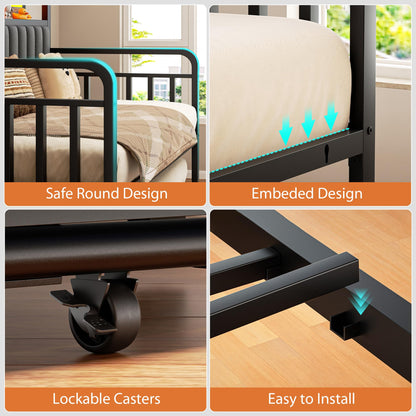 Daybed with Trundle and LED Light, Heavy Duty Metal Twin Bed Frame with Upholstered Storage Headboard & Charging Station, Day Bed Pop Up Trundle Bed Twin for Living Room,Bedroom and Guest Room, Brown