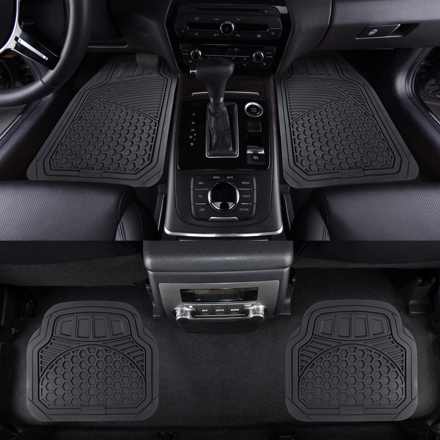 Amazon Basics Heavy Duty Car Floor Mat, PVC Faux Rubber, with Carpet Backing, Universal Deluxe All-Weather Trim to Fit for 95% Automotive SUV Sedans Trucks, 4-Piece, Solid Black