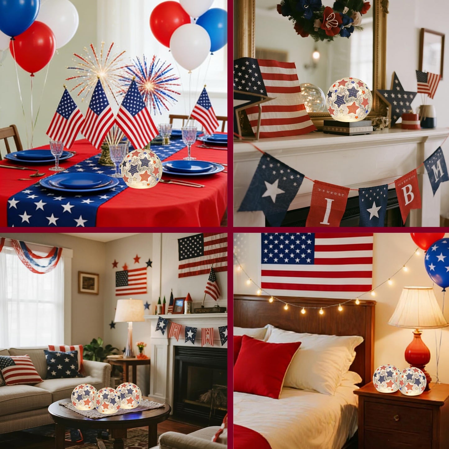 3PCS Independence Day Decorative Lights, 3.93-inch Independence Day Desktop Decoration LED Night Light, Cracked Glass Ball Light with Timer, 4th of July Decoration (red Five-Pointed Star)