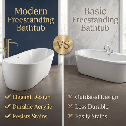 Freestanding Bathtub, Acrylic, Deep Soaking, Modern Upright Bathtub with Matte Drain and Black Overflow, Durable Double Wall, Freestanding for Bathroom, 67'', White