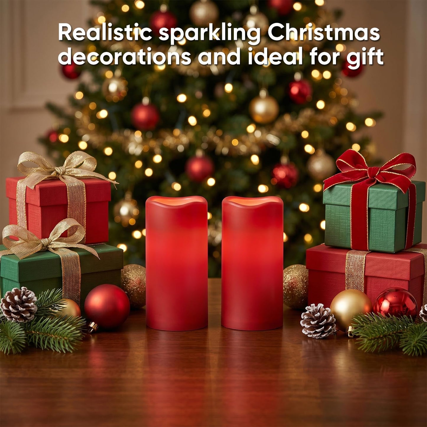 Amagic 3"x6" Red Flameless Candles with Remote, Christmas Battery Operated Candles with Timer, Waterproof LED Pillar Candles for Thanksgiving Table, Home, Outdoor Decor, Plastic, Set of 2