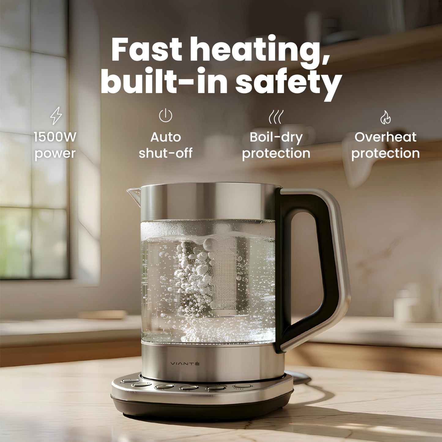 Viante Alba Electric Tea Kettle with Infuser, No Plastic In Contact With Water, 1.5L Borosilicate Glass, 304 Stainless Steel, 4 Temperature Presets, Keep Warm, Cordless, Auto Shut-Off
