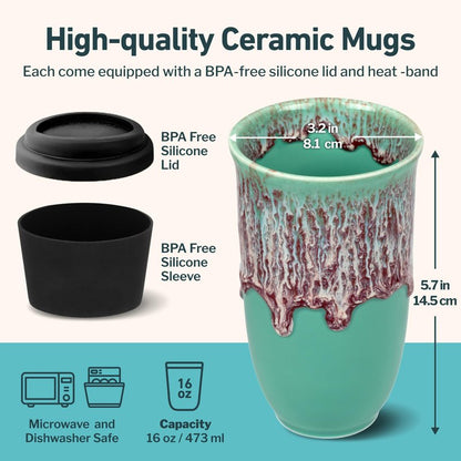 NOVA CERAMICS Travel Mug On the Go Coffee Tumbler Microwave & Dishwasher Safe Green Tumbler - Gifts For Women Men Him Her 16oz Nebula