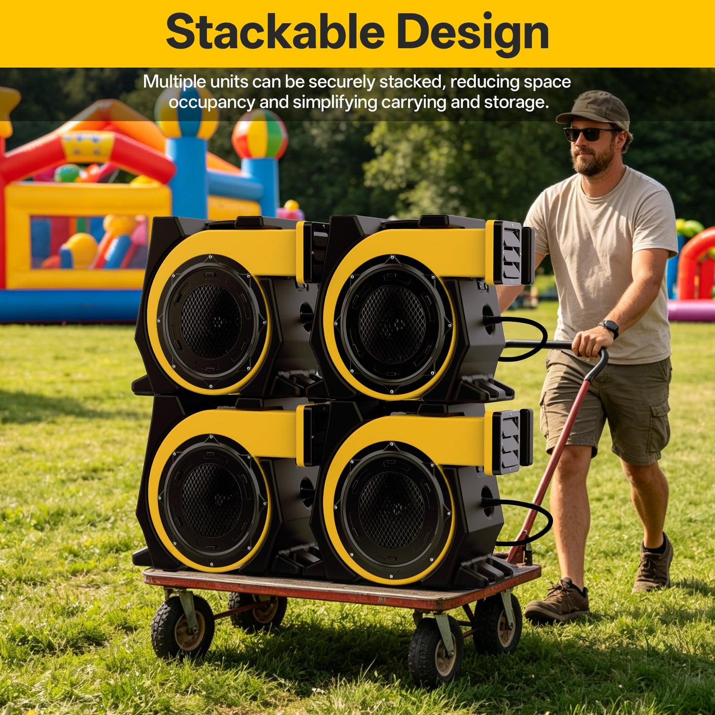 Huilynsen Air Blower for Inflatables 1.5 HP,Commercial Bounce House Blower with Double-Sided Fan Blade 1500 CFM PP Weatherpoof Blower Fan for Inflatable Water Slide,Paint Booth(Black&Yellow)