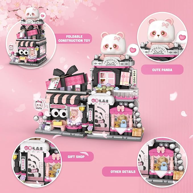 Street View Gift Shop Mini Building Blocks MOC Creative Building Toys Cute Panda Animals Building Set for Girls 6-12 Simulation Architecture Construction Toy Gift Idea for Kids Adults (938 PCS)