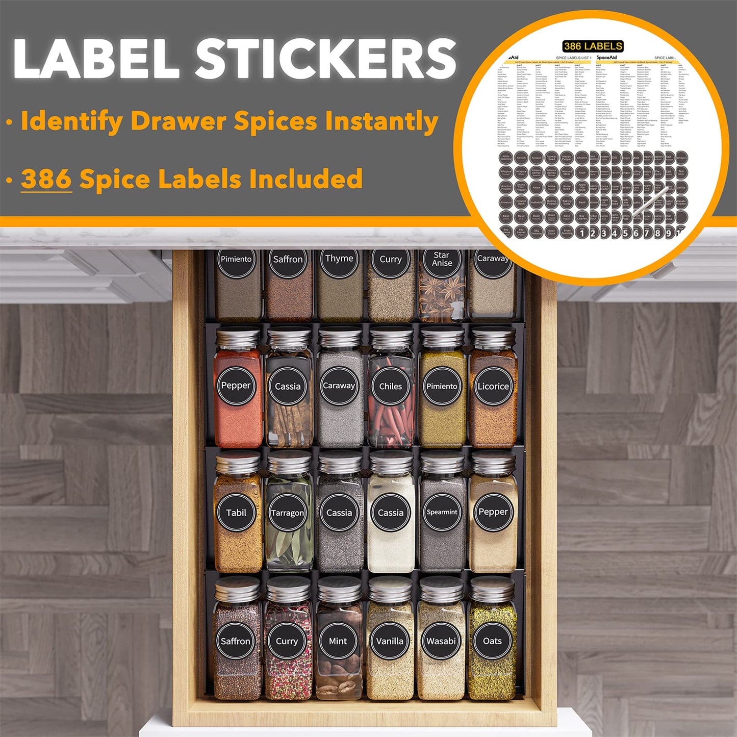 SpaceAid Spice Drawer Organizer with 28 Spice Jars, 386 Spice Labels, 4 Tier Seasoning Rack Tray Insert for Kitchen Drawers, 13" Wide x 17.5" Deep