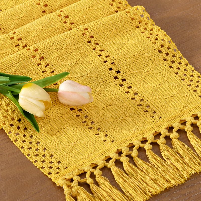 Socomi Boho Table Runner Easter Spring Farmhouse Rustic Dining Kitchen Centerpiece Decor Small Macrame Woven Cotton Linen Coffee Table Runner for Dresser Scarf Home Decor 12x60 in Yellow Gold