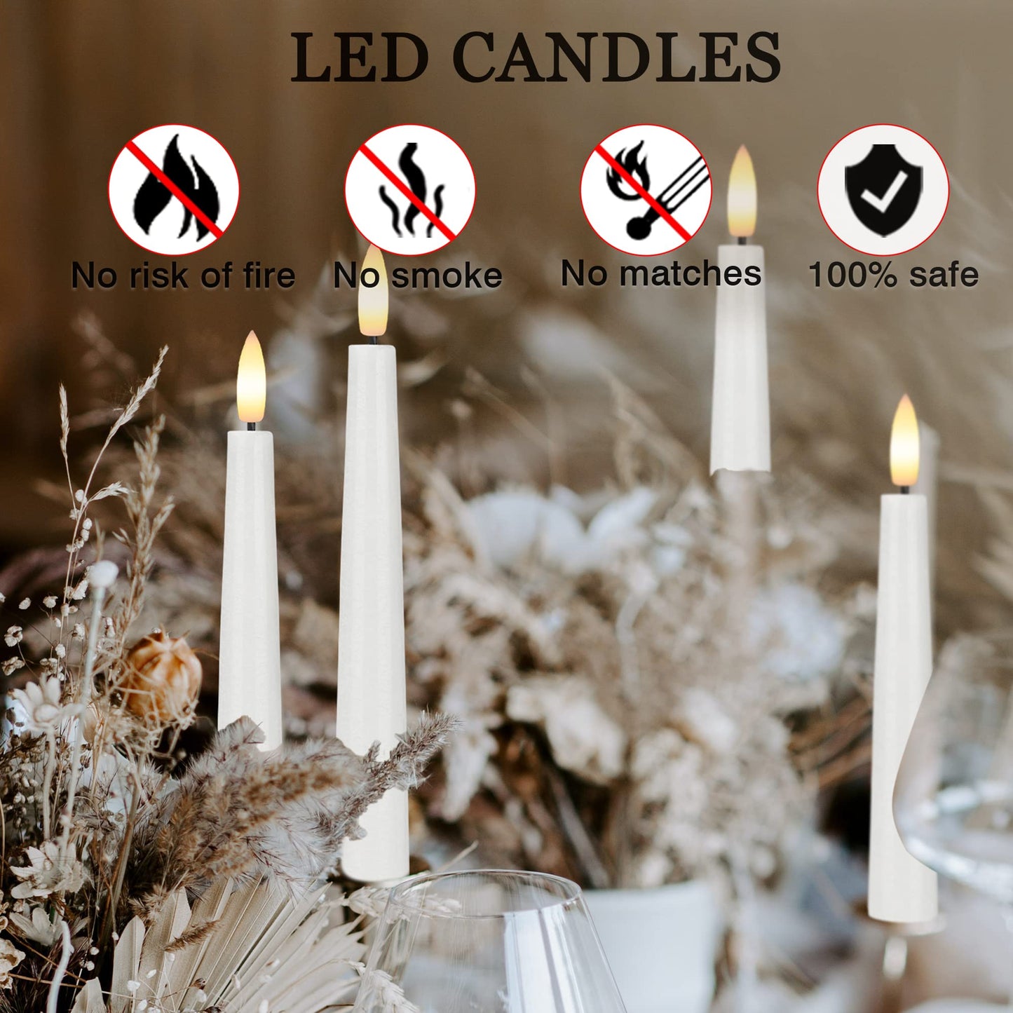 Flameless Taper Candles with 3D Wick, 9.6" Real Wax LED Candles with 2 Remote and Timer, 6 Pack Flickering Candlesticks Battery Operated, Classic Tall Taper Candle for Home, Wedding, Party, White