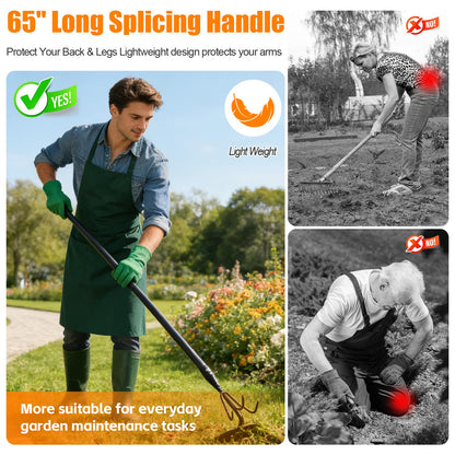 EUIJOIP 52" Heavy Duty 2-in-1 Hoe & Tiller Rake Garden Tool, 3-Tine Cultivator for Weeding and Soil Loosening, Long Handle Stand Up Digging Tool for Gardening and Planting