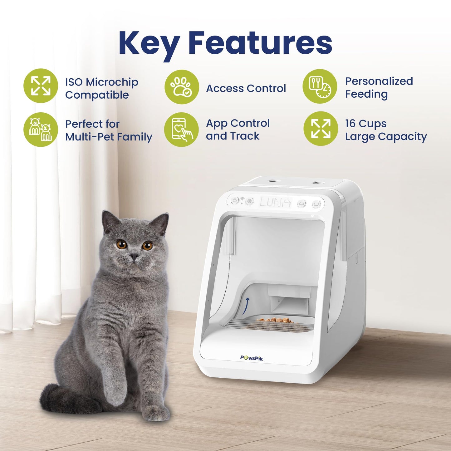 PawsPik Automatic Microchip RFID Cat Feeder,16-Cup, ISO Microchip & PawsPik RFID Tag Compatible, App Control, Portion Control