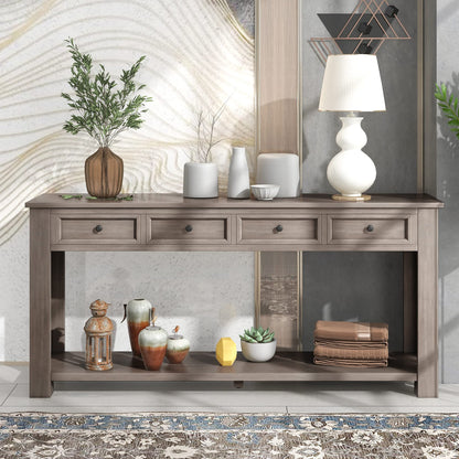 Brisca Solid Wood Console Sofa Table with 4 Drawers and Tabletop,Bottom Shelf for Entryway Hallway or Living Room,Space Saving,Easy to Assemble,Gray Wash,63" L×14" W×30" H