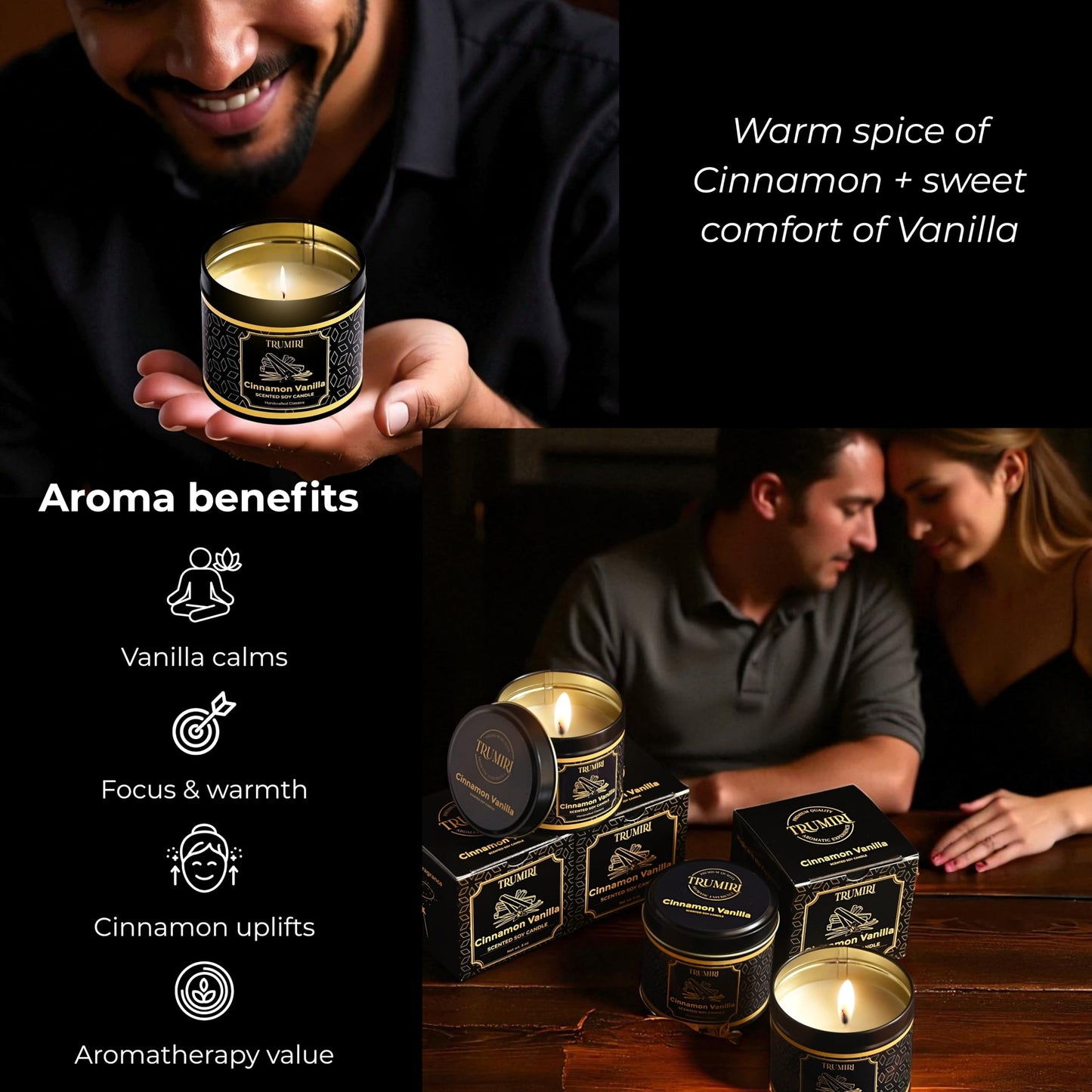 Vanilla Candle with Cinnamon Strong Scented Soy Candel Clean Non Toxic Velas Aromáticas for Women Gift for Fall Christmas Holidays Pack of 3 5Oz Decorative Tin Jars with Lids