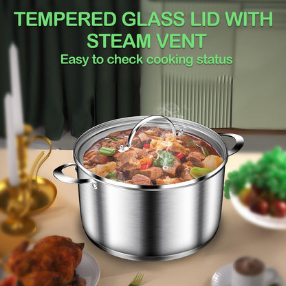 STOCKPOT Cooking Pot, Stainless Steel Stock Pot with Glass Lid, 6 Quart Soup Pot, Induction Compatible, Dishwasher Safe