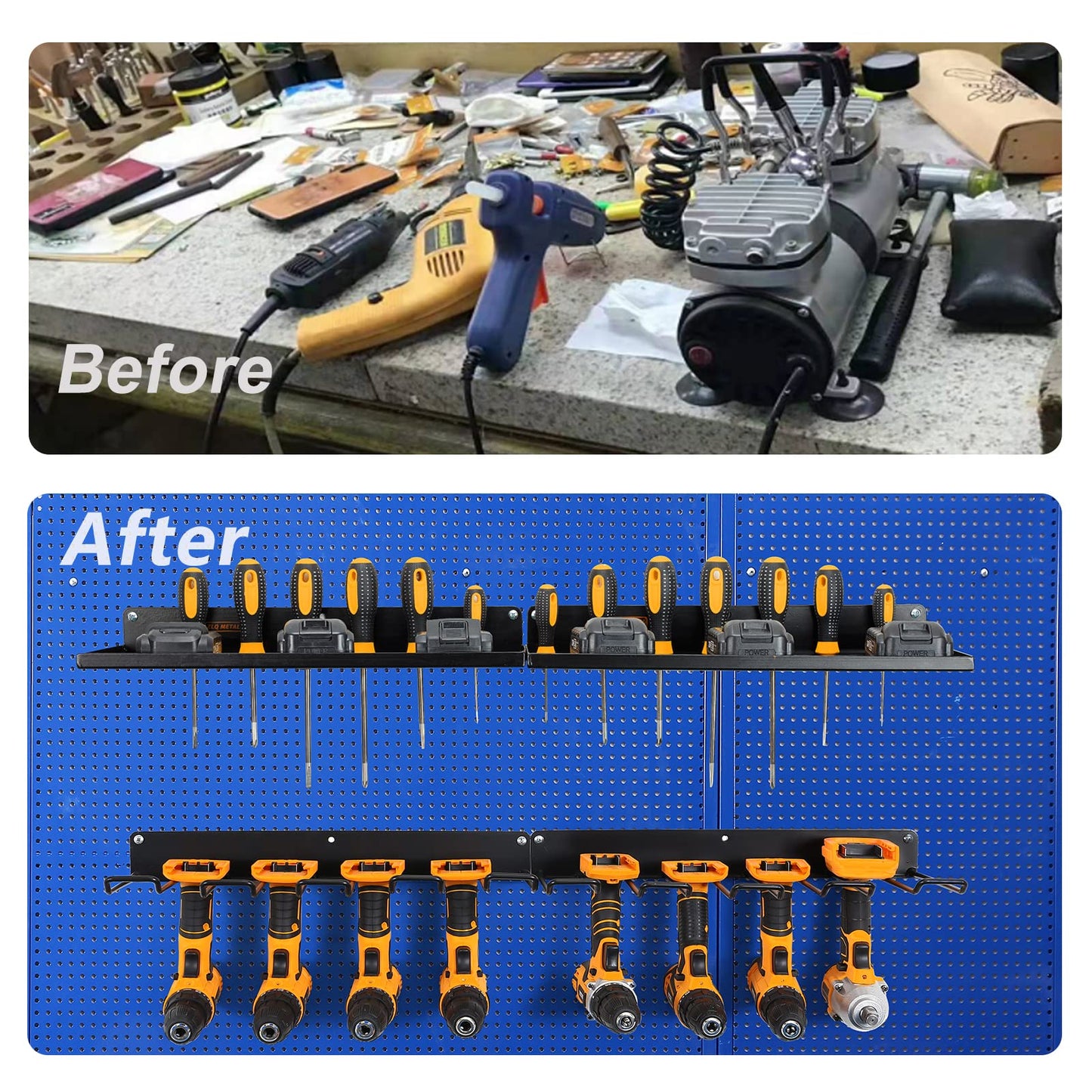 UU-Major Power Tool Organizer with Charging Station, Drill Holder, Wall Mount, Garage Storage Shelves, Heavy Duty Pegboard Wall Organizer Set, Solid Metal, Black, 2 Pack, 4 Set