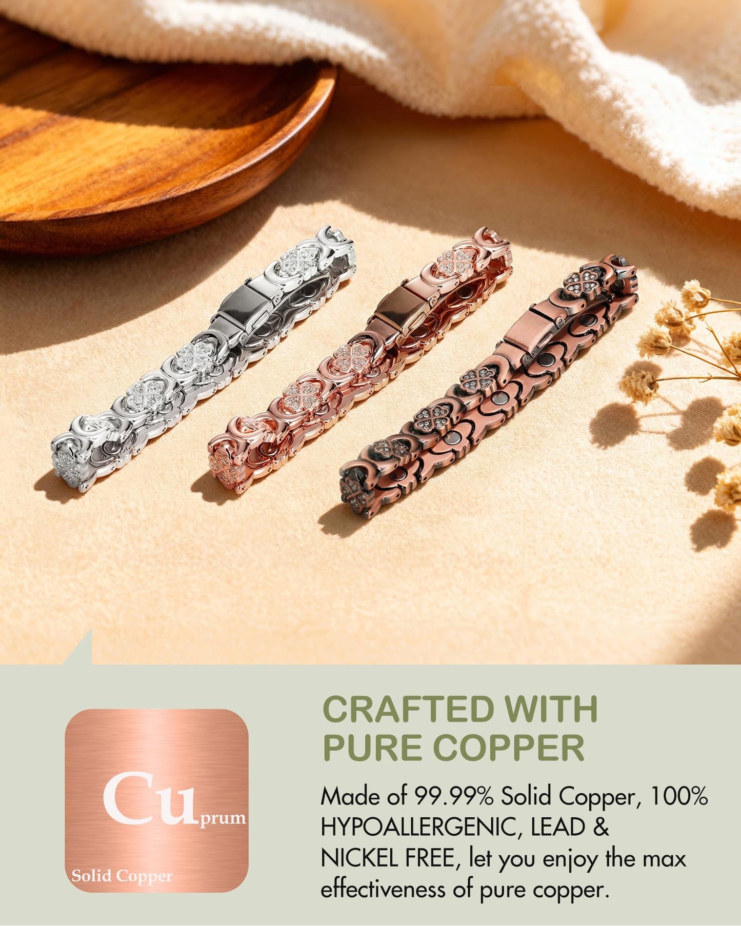 Feraco Pure Copper Bracelets for Women, Ultra Strength Magnetic Bracelet for Women with 3800 Gauss Magnet & Sparkling Cubic Zirconia, Copper Jewelry Gift, Infinite Clover (Rose Gold)