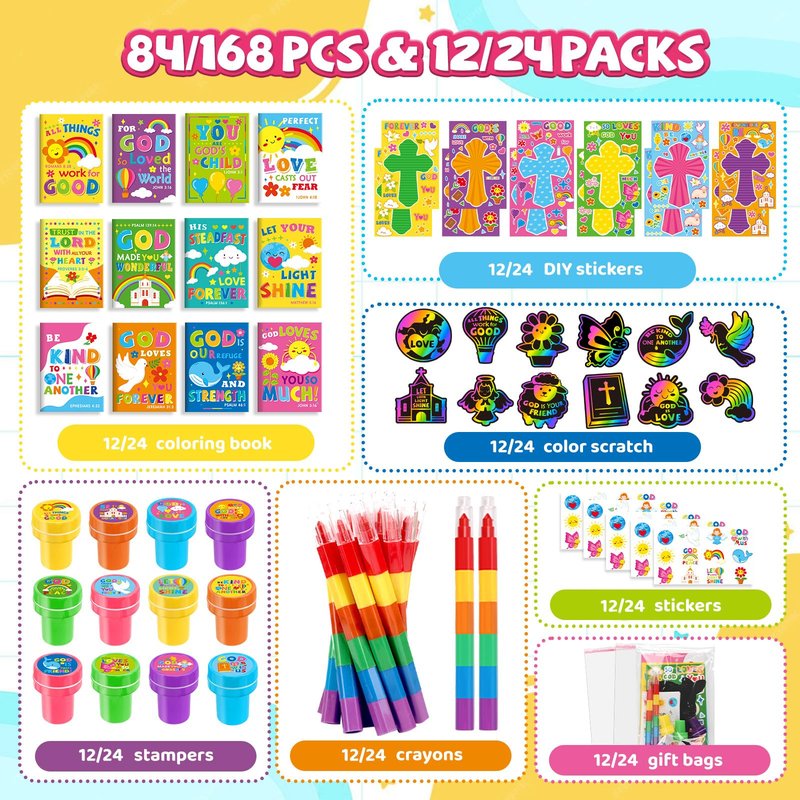 BenLouis Bible Party Favors Christian Inspirational Verses Coloring Set Gift Prizes Bulk for Kids Operation Christmas Child Sunday School Religious Activities Goodie Bag Stuffers（24set Verses）