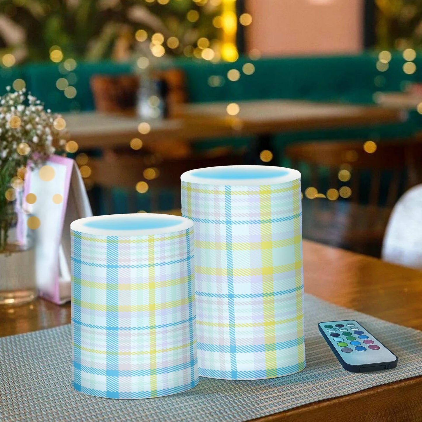 Eionryn Rainbow Buffalo Plaid Pastel Flameless Candles Farmhouse Spring Summer Check Battery Operated LED Candles with Remote Timer Electric Candles for Home Party Decor 2pcs