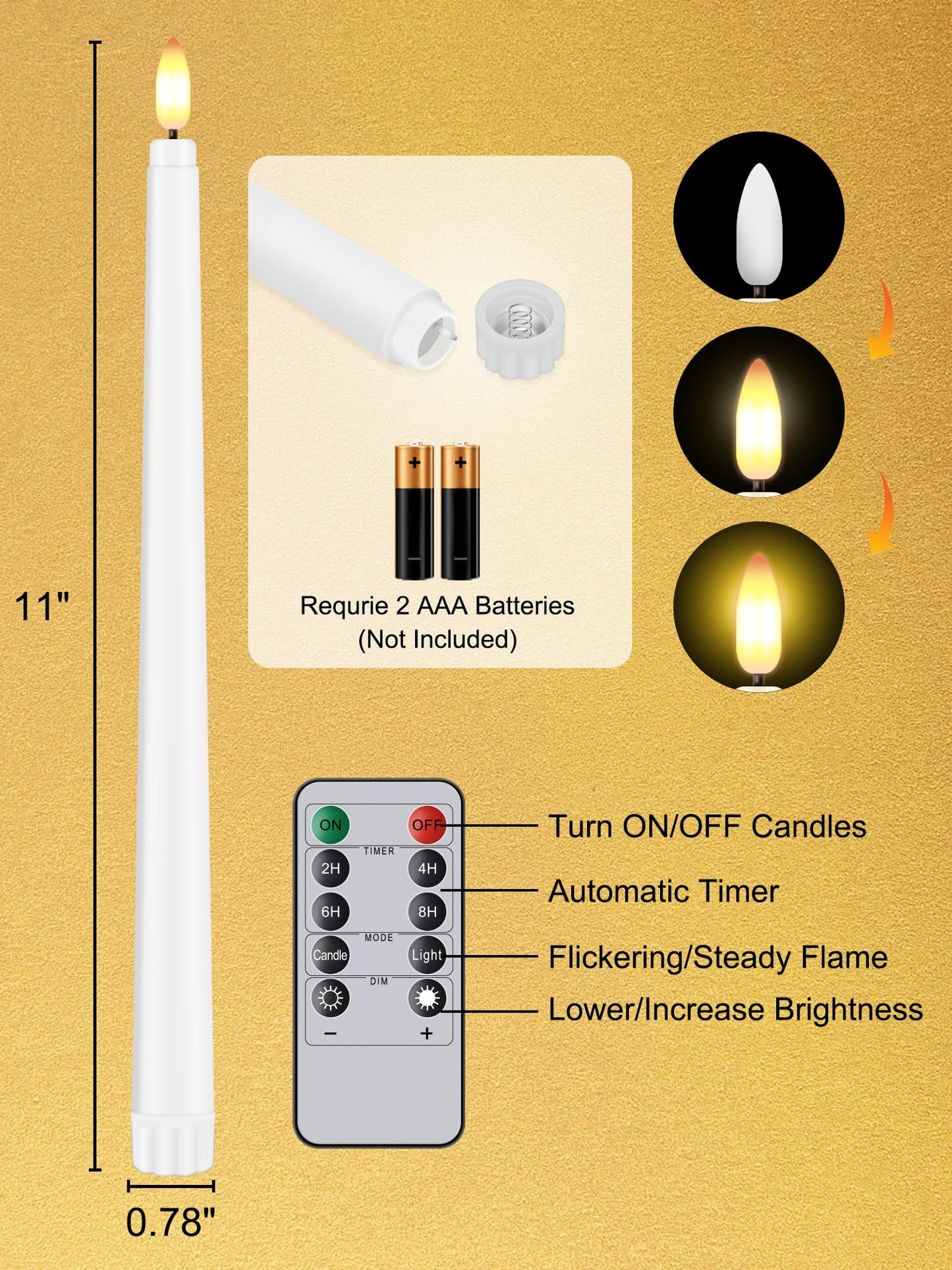 Warmhere 12 Pcs Flameless Taper Candles with Remote Timer, 11" Long Battery Operated Taper Candles, Flickering 3D Flame, Plastic Fake LED Candlesticks for Home Wedding Party Holiday Decor, White