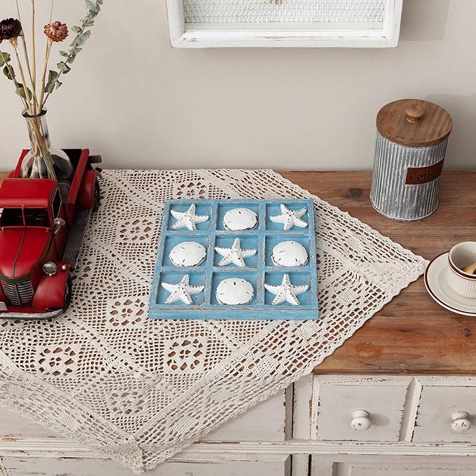 NIKKY HOME Beach Decor Tic Tac Toe Wood Board Travel Game for Family Starfish Sand Dollar Coastal House Coffee Tables Decor 8.98 by 8.98-in Rustic Blue