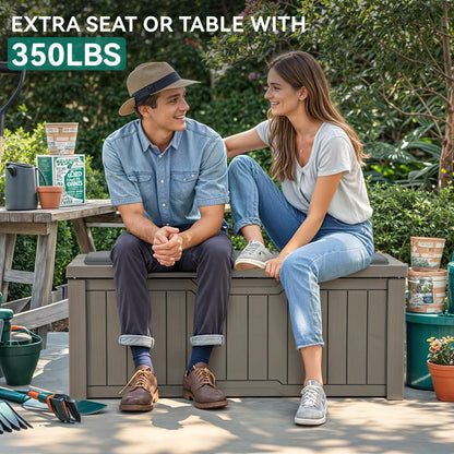 YITAHOME Outdoor Storage Box with Cushion, 120 Gallon Waterproof Deck Box for Garden Tools, Patio Cushions, and Pool Accessories, Lockable, Easy Assembly, Versatile Bench or Table (Light Brown)