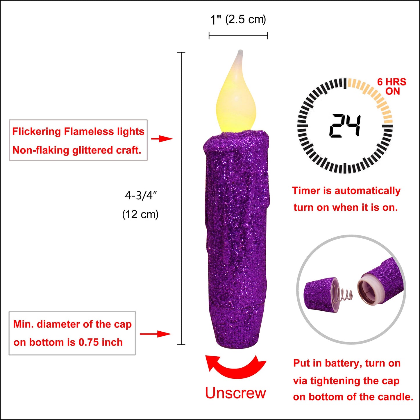 CVHOMEDECO. Glitter Flameless Candles Flickering Battery Operated LED Taper Candles with Timer for Home, Wedding, Halloween, Christmas Decor. Purple, 4-3/4 Inch, Set of 2