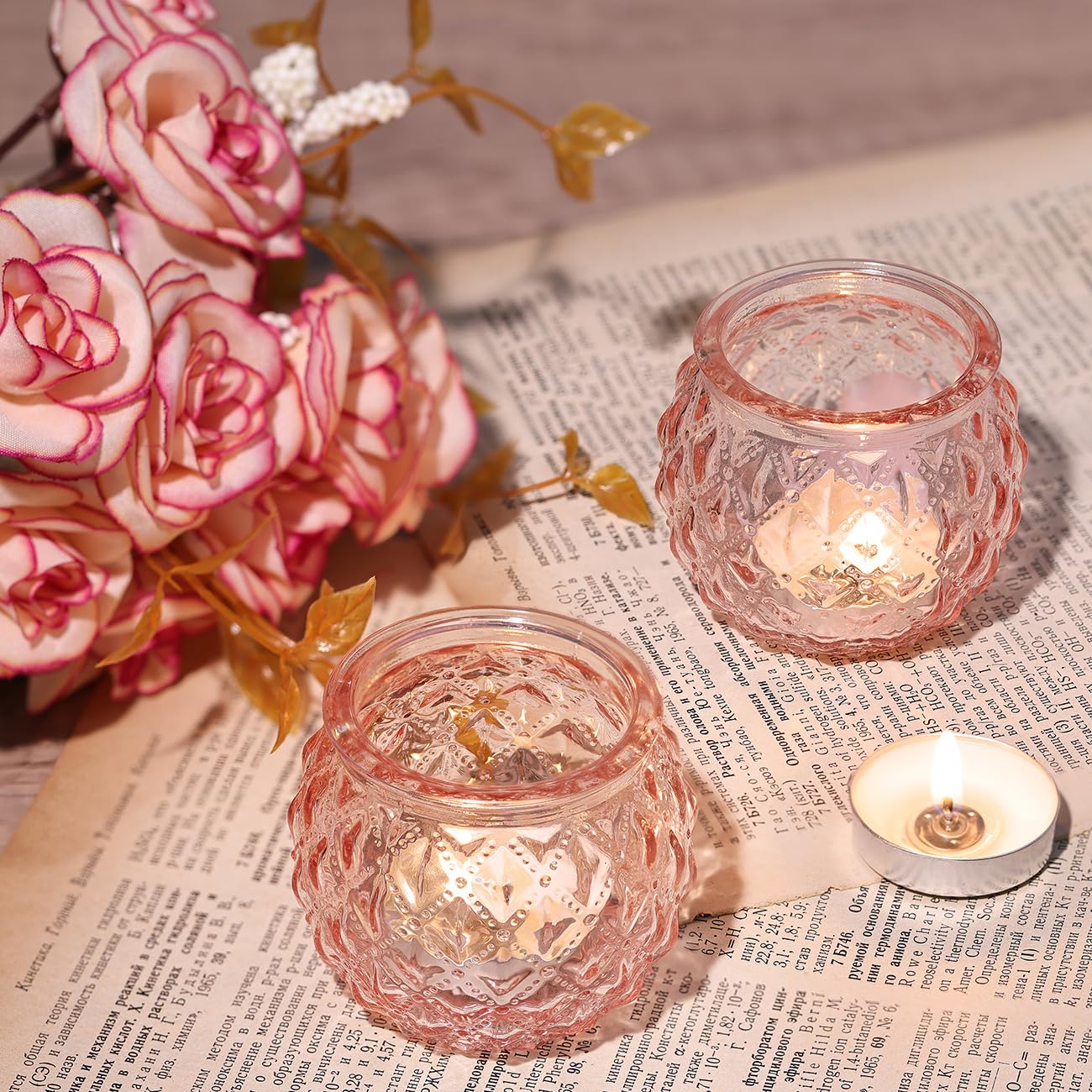 DARJEN Pink Votive Candle Holders Set of 24- Round Glass Candle Holders Bulk for Flameless LED Tea Waxes, Romantic Candle Holder for Wedding & Home Table Decor, Various Parties