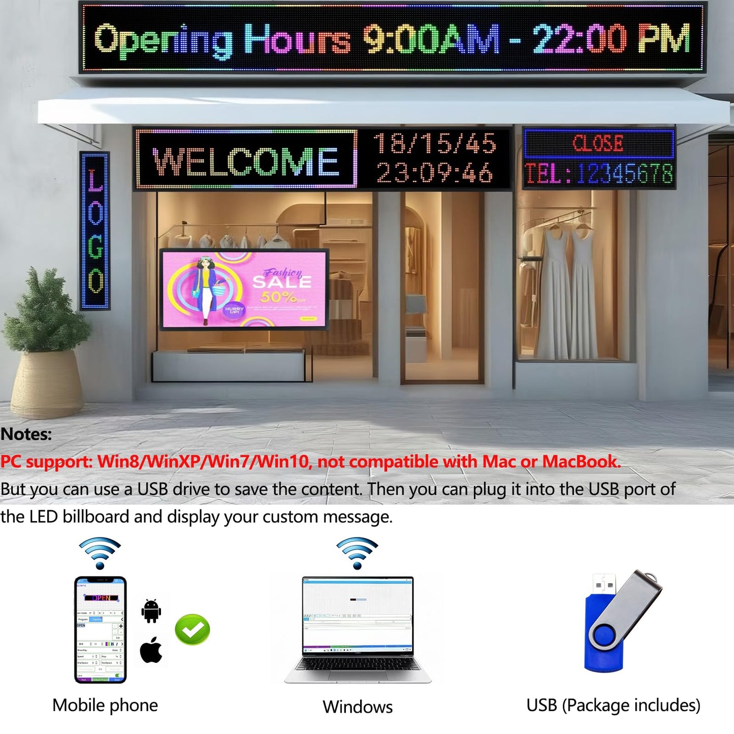 Outdoor P10 LED Scrolling Programmable Sign 77"x14", Bright High Visibility Digital Led Signage Displays, Message Signs for Business, Restaurant, Window Shop