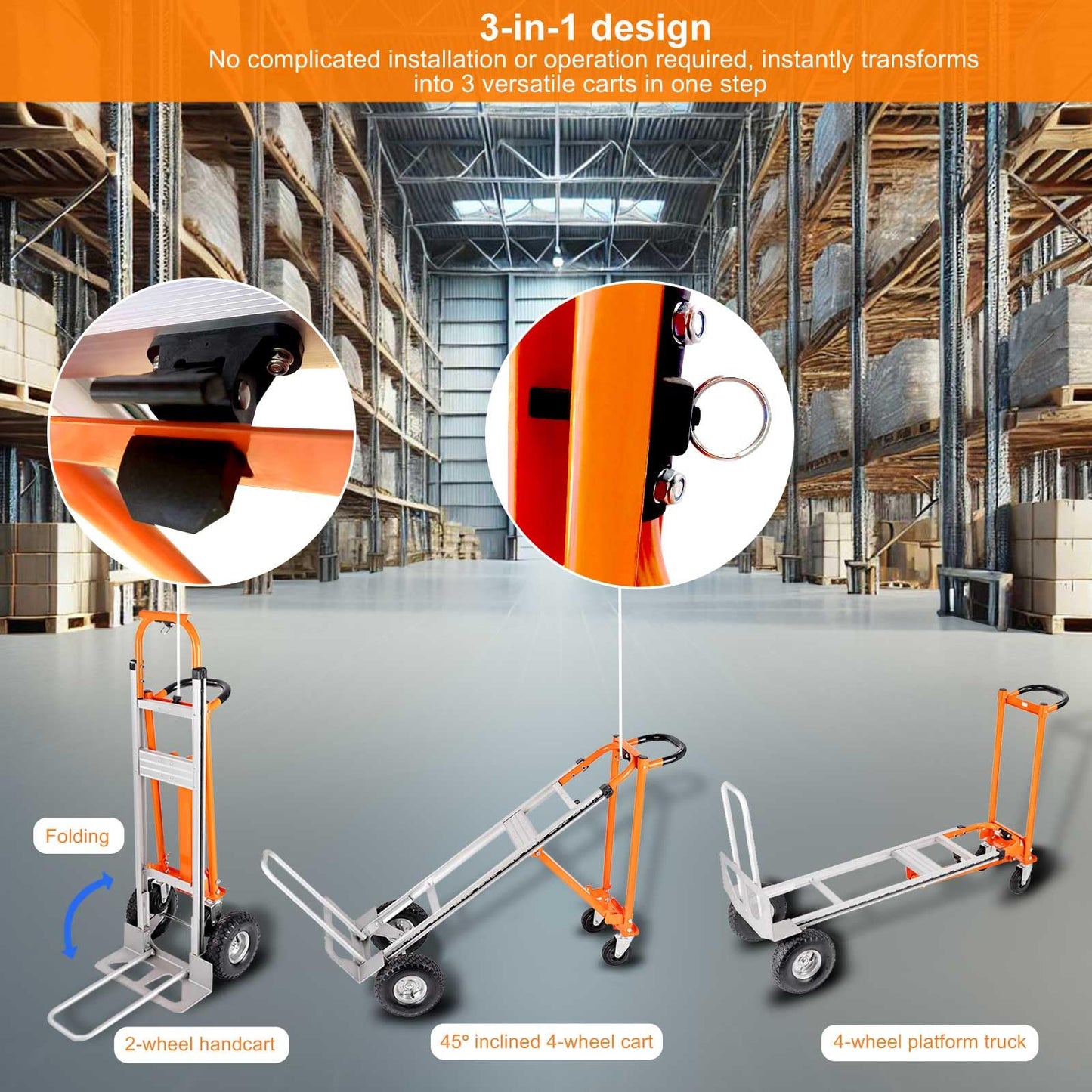 3 in 1 Heavy Duty Hand Truck, 1000 lbs Folding Dolly with 4 Pneumatic Wheels, Portable Aluminum with Telescoping Flatbed Hand Truck for Luggage, Travel, Moving, Shopping, Office Use