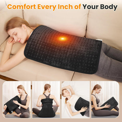 Electric Heating Pad for Back Pain Relief & Cramps - 6 Heat Settings,Auto Shut Off,Moist Heat Options,Portable Heated Pads for Neck/Shoulder Machine Washable Gift for Men Women,Grey,12"x24"