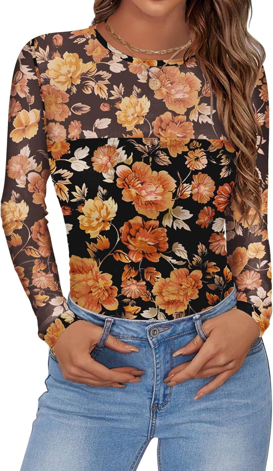 Zeagoo Long Sleeve Shirts for Women Sheer Mesh Sexy Blouses Fall Fashion Crewneck Going Out Tops