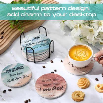Hushee Set of 8 Christian Coasters with Bible Verses, Absorbent Ceramic Drink Coasters with Holder for Home Decor Table Protection Baptism First Communion Confirmation Gifts, 4 Inches(Gradient Style)