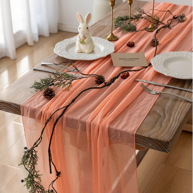 Keketoarrange 3pcs Fresh Salmon Cheesecloth Table Runner Valentines Decor Peach Echo Gauze 120 Inch 10 FT Boho Table Runner for Wedding Baby Shower Bridal Shower Party Sheer Spring Home Decorations