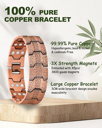 MagEnergy Copper Bracelet for Men, 3X Strength Magnetic Bracelet with 3800 Gauss Magnets, Hammered Design&Patent Pending, Adjustable Length with Sizing Tool