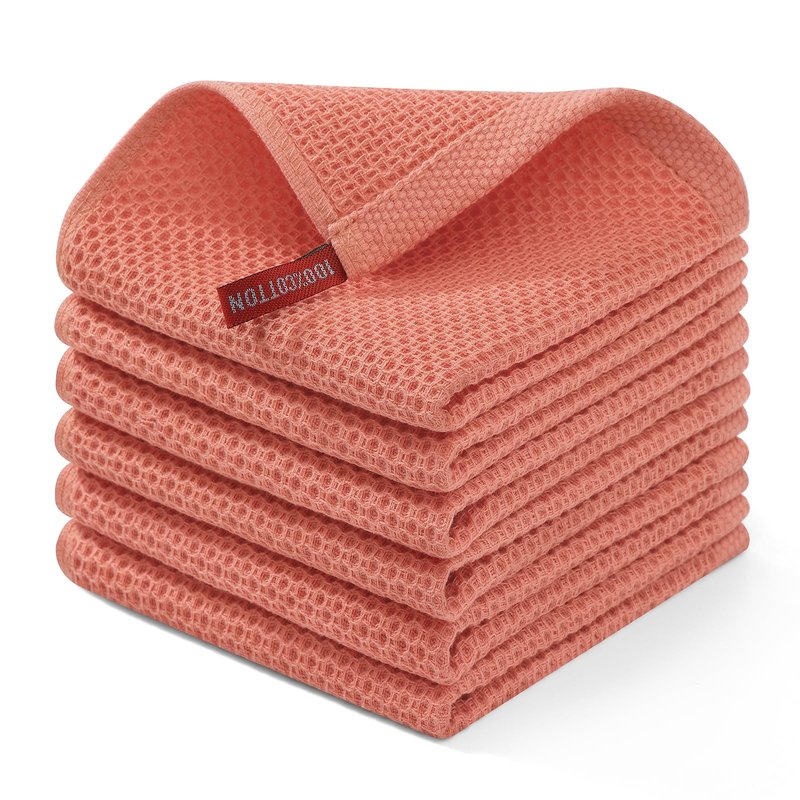 Homaxy 100% Cotton Waffle Weave Kitchen Dish Cloths, Ultra Soft Absorbent Quick Drying Dish Towels, 12 x 12 Inches, 12-Pack, Coral