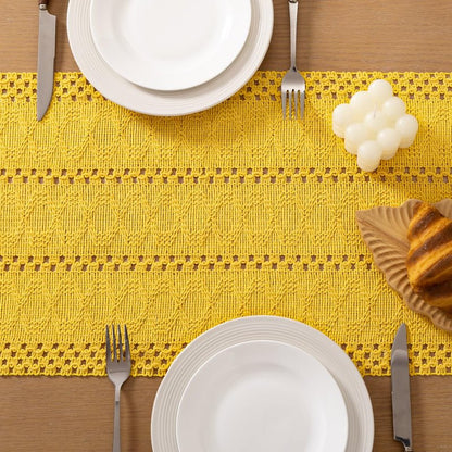 Socomi Boho Table Runner Easter Spring Farmhouse Rustic Dining Kitchen Centerpiece Decor Small Macrame Woven Cotton Linen Coffee Table Runner for Dresser Scarf Home Decor 12x72 in Yellow Gold