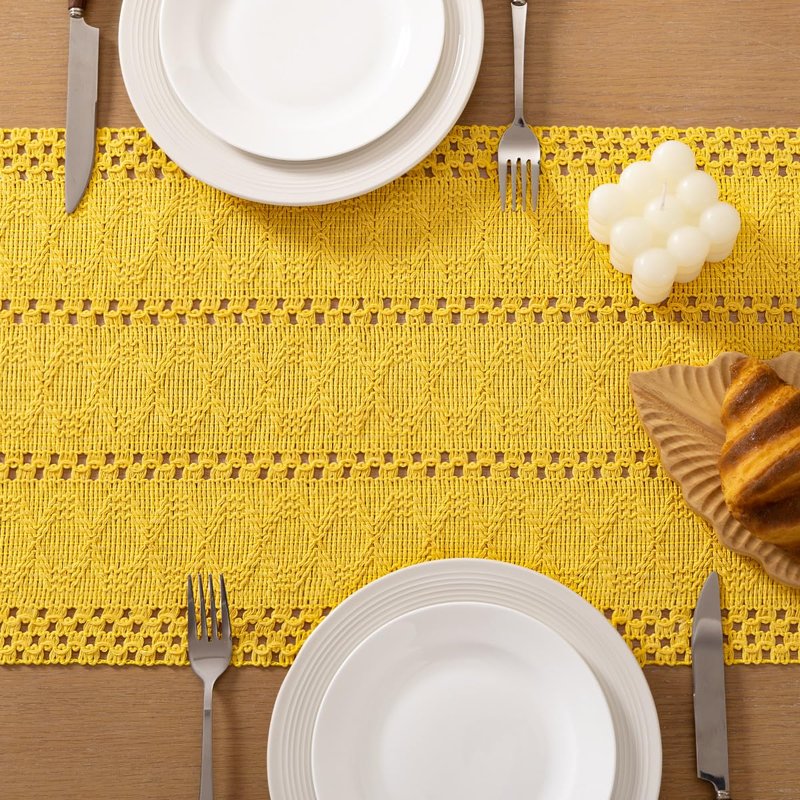 Socomi Boho Table Runner Easter Spring Farmhouse Rustic Dining Kitchen Centerpiece Decor Small Macrame Woven Cotton Linen Coffee Table Runner for Dresser Scarf Home Decor 12x60 in Yellow Gold