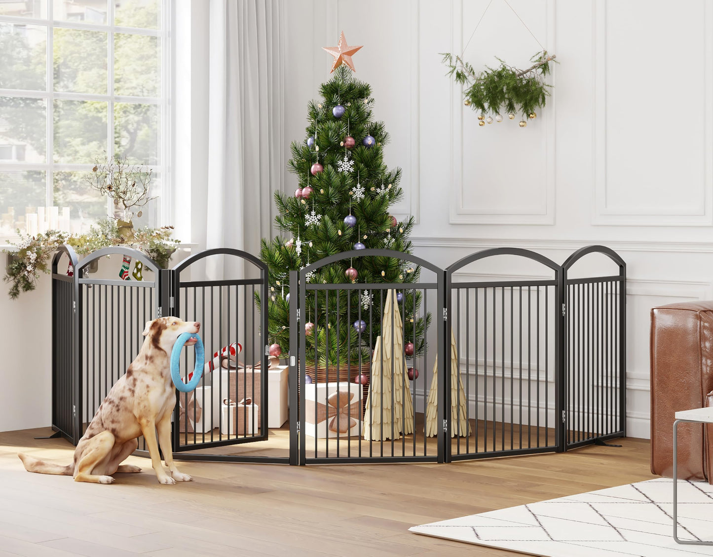 THKKY Folding No-Assembly Freestanding Dog Gate with Door,32" Heights Foldable Pet Fence,144" Extra Wide Accordion Puppy Folding Playpen for Doorways,House,Stairs (6 Panels,Black)