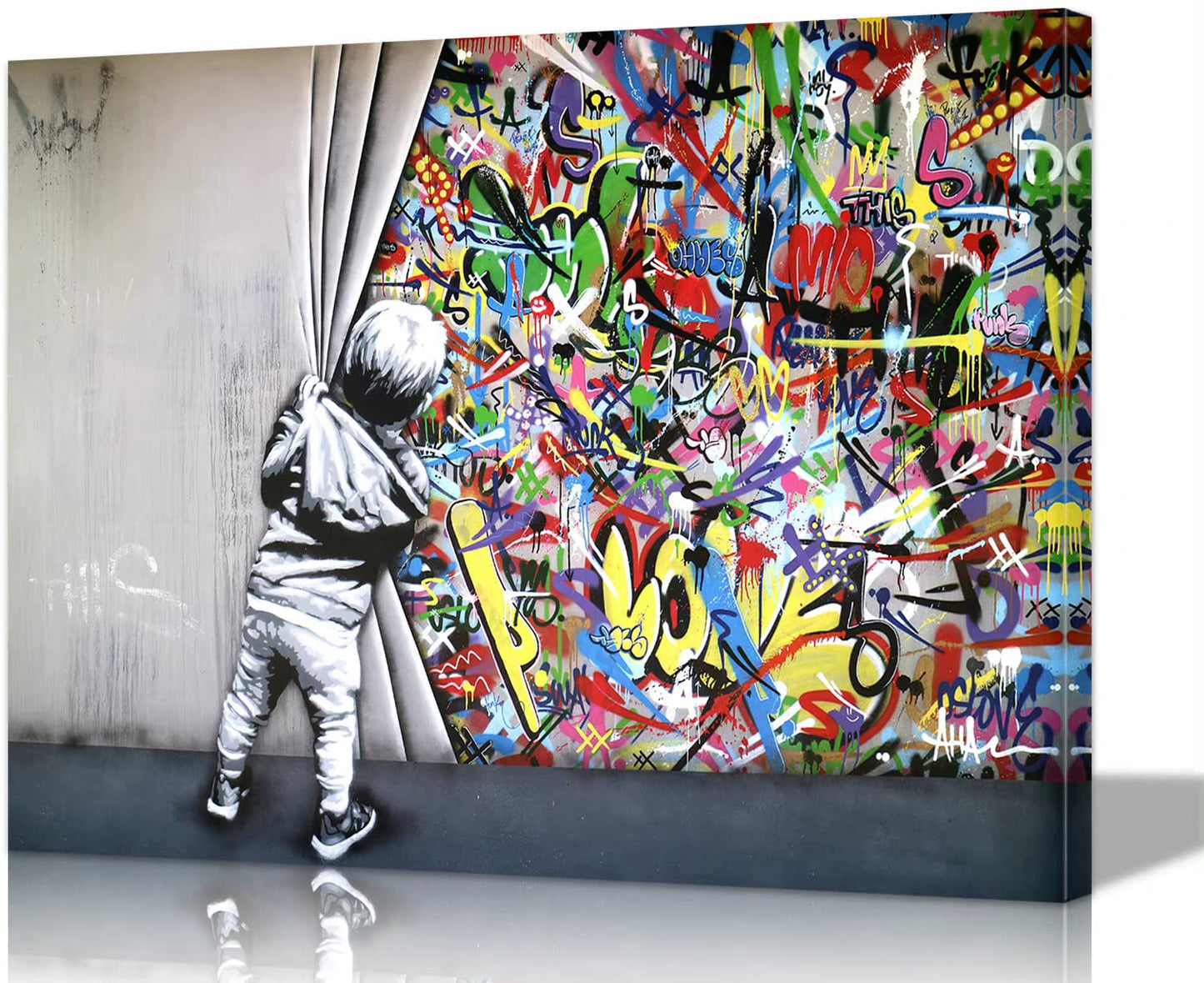 Banksy Wall Art Graffiti Canvas - 16x24 Inches Built-in Wooden Frame, Lightweight & Ready to Hang, Banksy Behind the Curtain Canvas Wall Art Street Prints for Office, Bedroom, Modern Home Decor