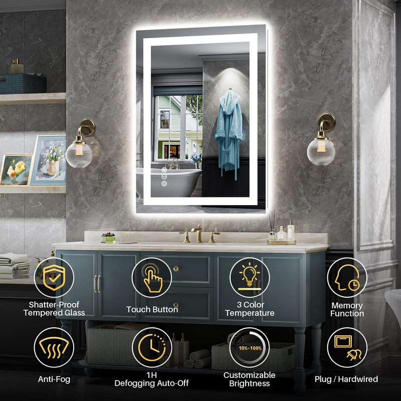 Briivue 20x28 Inch LED Bathroom Mirror with Lights, Backlit & Front Lit, Anti-Fog Lighted Bathroom Vanity Mirror for Wall, Memory Function, Dimmable, HD Tempered Glass, Shatter-Proof