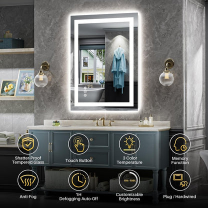 Briivue 20x28 Inch LED Bathroom Mirror with Lights, Backlit & Front Lit, Anti-Fog Lighted Bathroom Vanity Mirror for Wall, Memory Function, Dimmable, HD Tempered Glass, Shatter-Proof