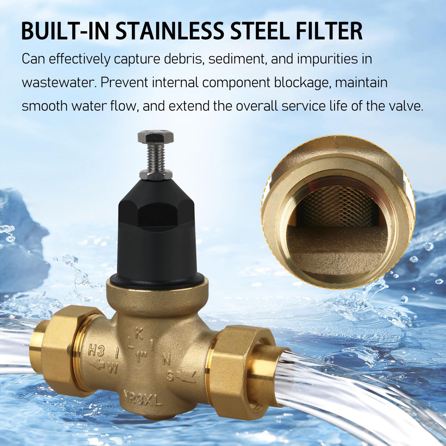 Water Pressure Regulator 1-NR3XLDU 1" with Double Union FNPT Connection Adjustable 15-75 PSI, Built-In Stainless Steel Strainer for Home, Commercial, Plumbing Applications