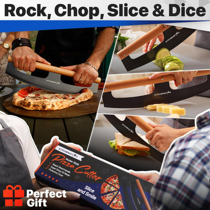 KitchenStar 14-Inch Pizza Cutter Rocker Blade - Razor Sharp Stainless Steel Slicer Knife, Stylish Beech Wood Handle, Protective Cover - Professional Pizza Oven Accessories, Black
