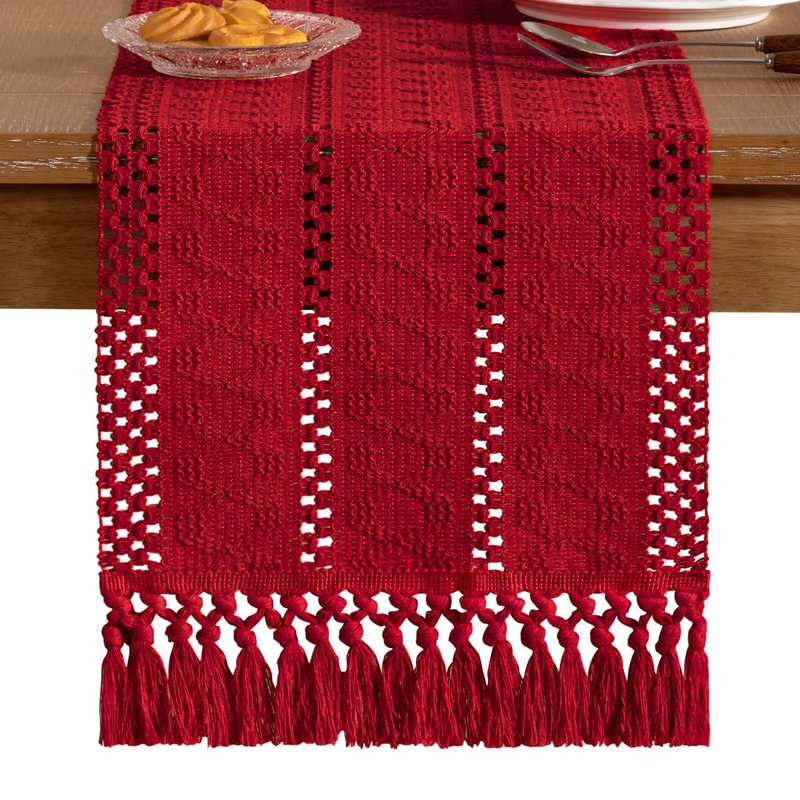 Socomi Boho Table Runner Easter Spring Farmhouse Rustic Dining Kitchen Centerpiece Decor Small Macrame Woven Cotton Linen Coffee Table Runner for Dresser Scarf Home Decor 12x36 in Red