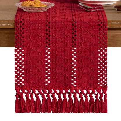 Socomi Boho Table Runner Easter Spring Farmhouse Rustic Dining Kitchen Centerpiece Decor Small Macrame Woven Cotton Linen Coffee Table Runner for Dresser Scarf Home Decor 12x36 in Red