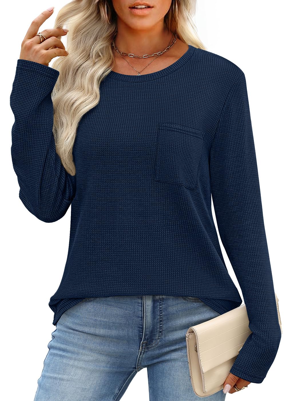 WIHOLL Long Sleeve Shirts for Women Waffle Knit Trendy Fall Fashion 2025 Dressy Casual Blouses Teacher Outfits