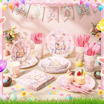 Honeydak 210 Pcs Pink Bunny Party Supplies for 30 Guests, Includes Spring Rabbit Plates, Cups, Napkins, Cutlery - Cute Pink Bunny Tableware Decoration for Baby Shower Easter Party