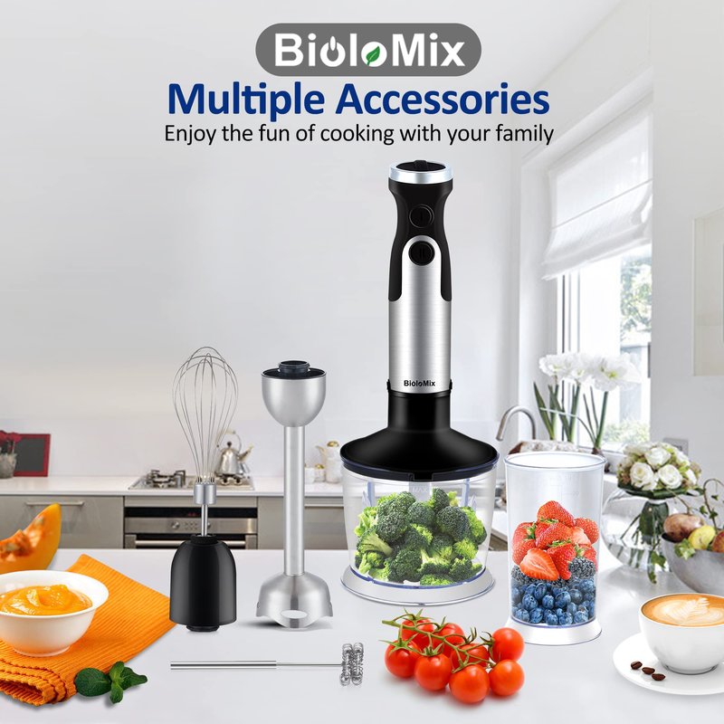 BioloMix Hand Blender 5 in 1 Immersion Blender 1000W, 6 Speed With Turbo Mode hand blenders immersion Stainless Steel Blade With 800ml Chopper, 600ml Mixing Beaker, Whisk and Milk Frother
