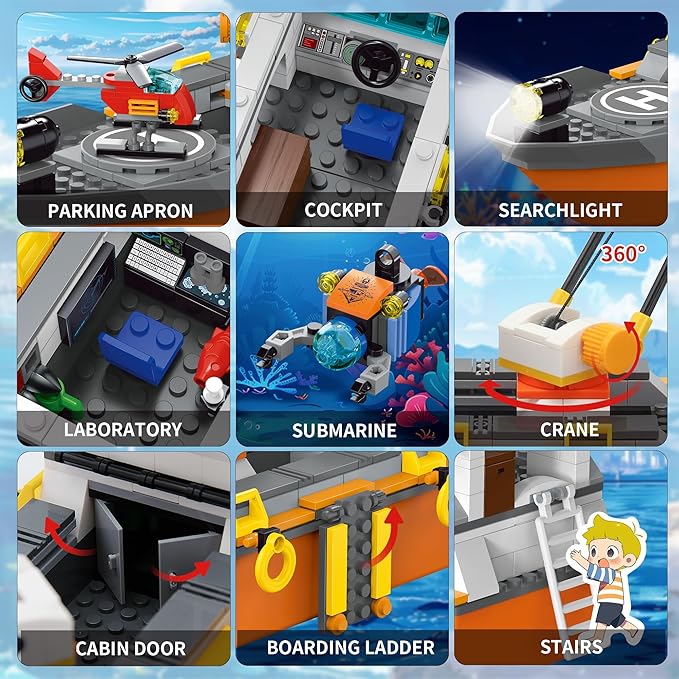 City Ocean Explorer Ship Building Set Exploration Boat Set Toy Building Block with LED Lights Helicopter Submarine and Shark Cage Birthday Gifts for 6 8 10 12 Years Old Boys Kids Girls