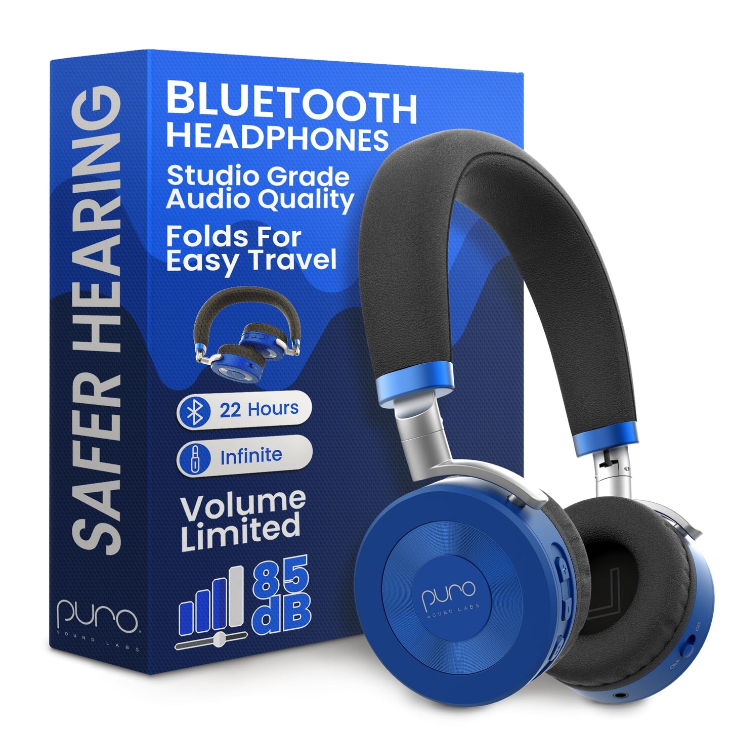 Puro Sound Labs JuniorJam Plus Volume-Limiting Wireless Bluetooth Headphones for Kids, Secure Audio with Adjustable On-Ear Design, 22-Hour Battery Life, Ideal for Tablets, Smartphones & PCs - Blue